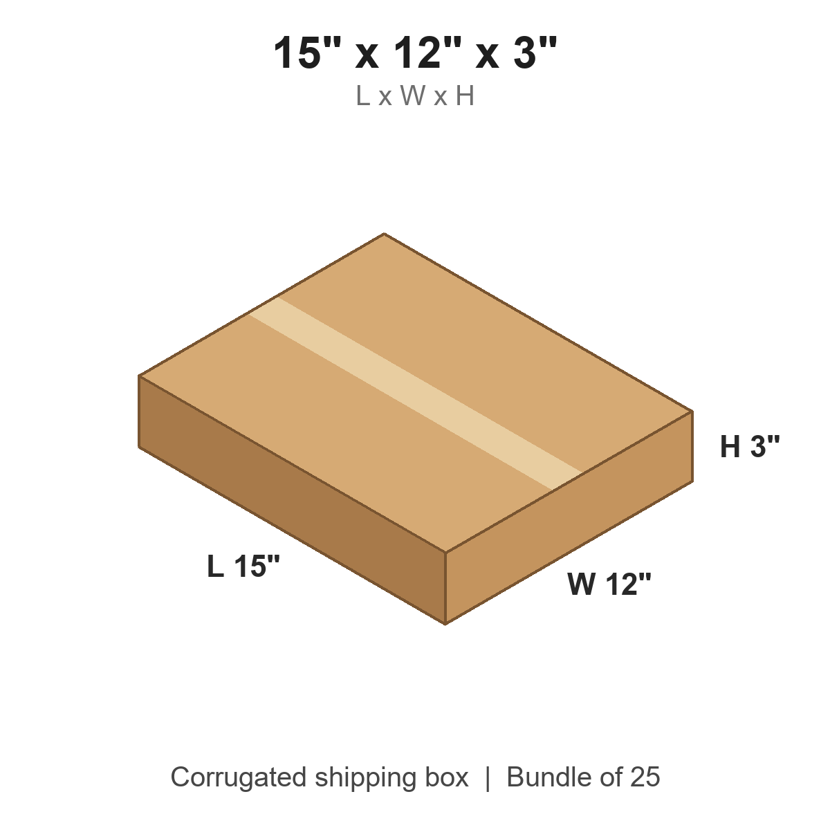 15x12x3 Flat Corrugated Shipping Boxes (15 x 12 x 3 in), Bundle of 25