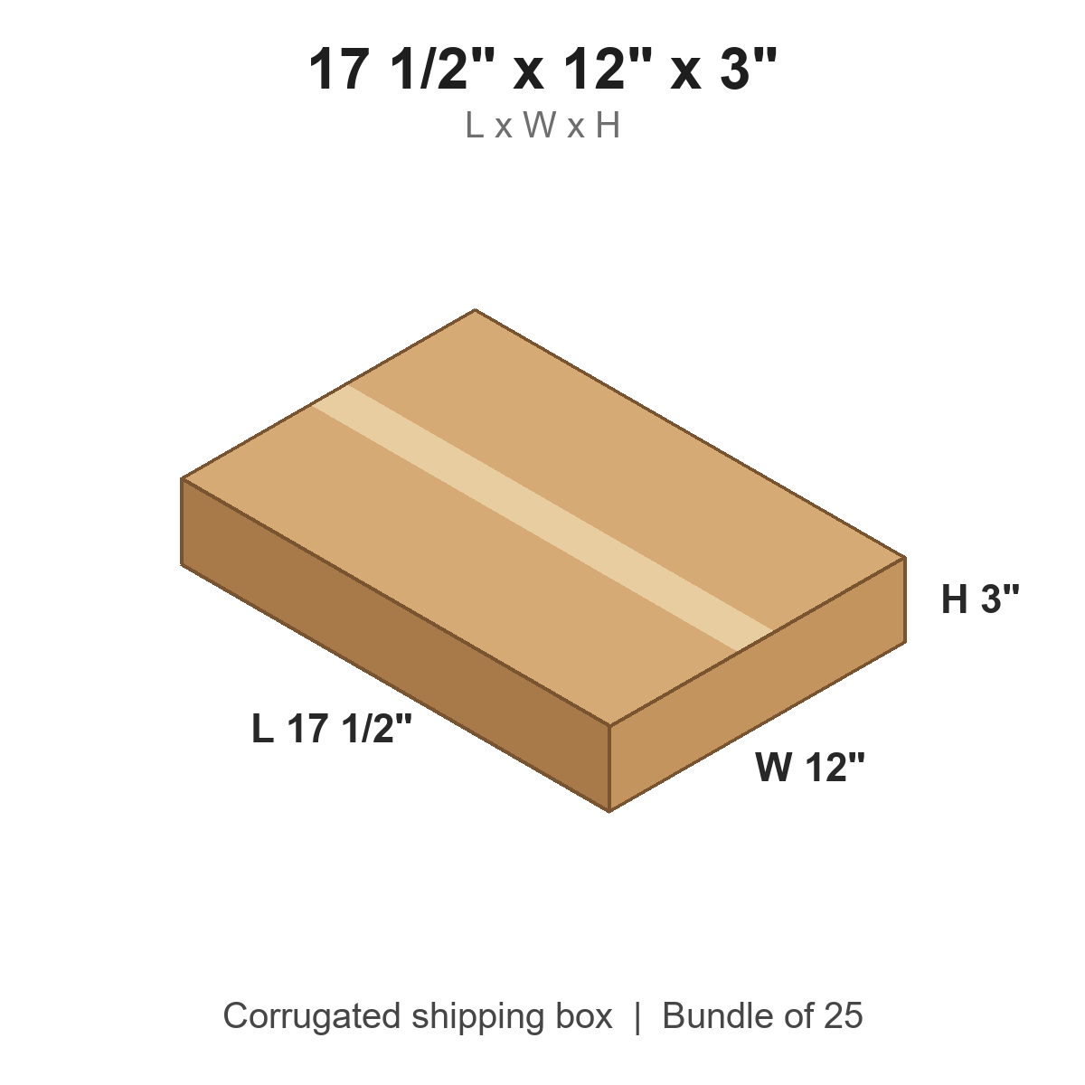 17.5x12x3 Flat Corrugated Shipping Boxes (17 1/2 x 12 x 3 in), Bundle of 25