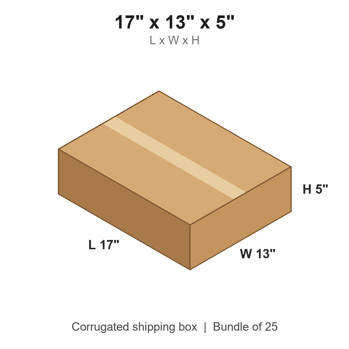 17x13x5 Flat Corrugated Shipping Boxes (17 x 13 x 5 in), Bundle of 25