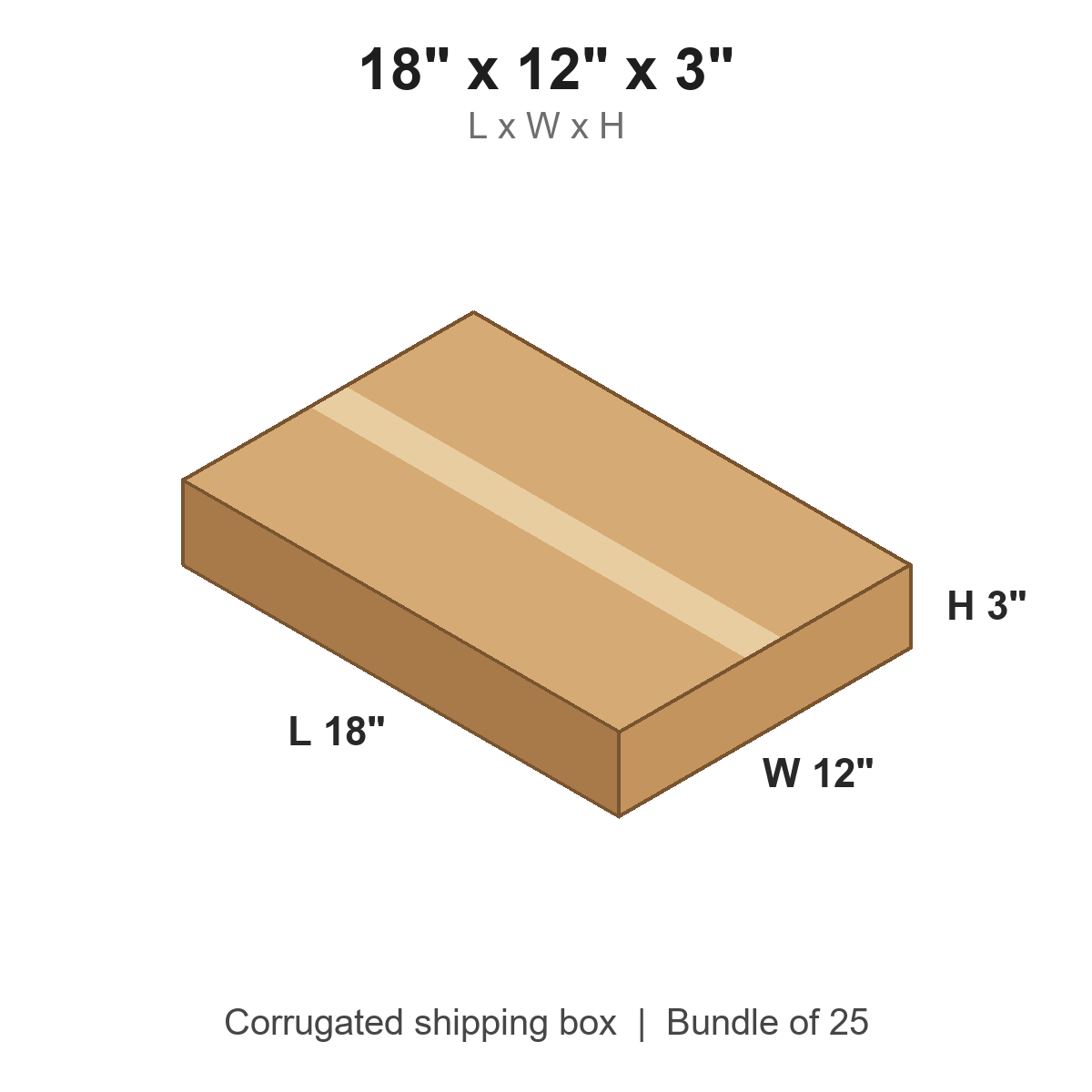 18x12x3 Flat Corrugated Shipping Boxes (18 x 12 x 3 in), Bundle of 25