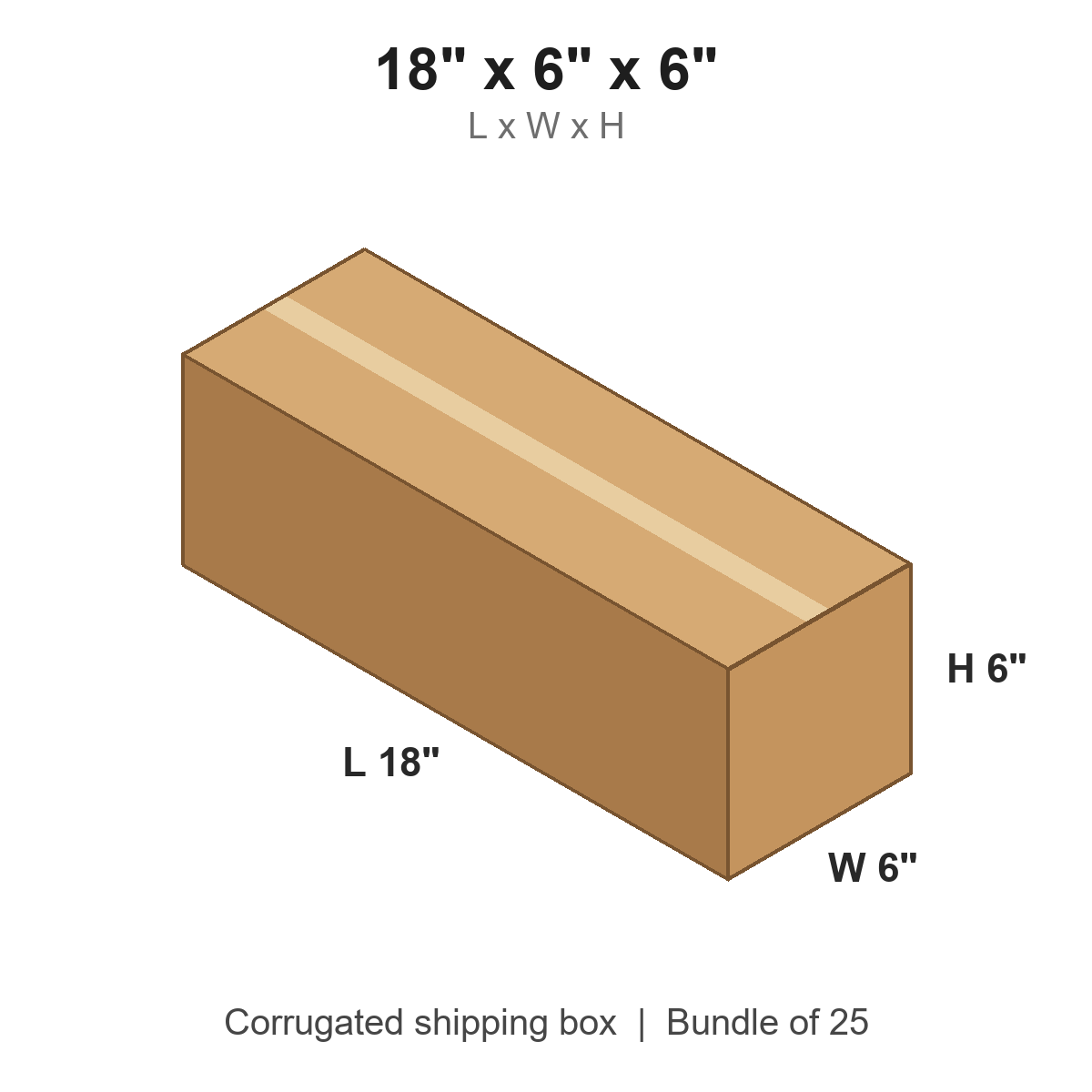 18x6x6 Long Corrugated Shipping Boxes (18 x 6 x 6 in), Bundle of 25