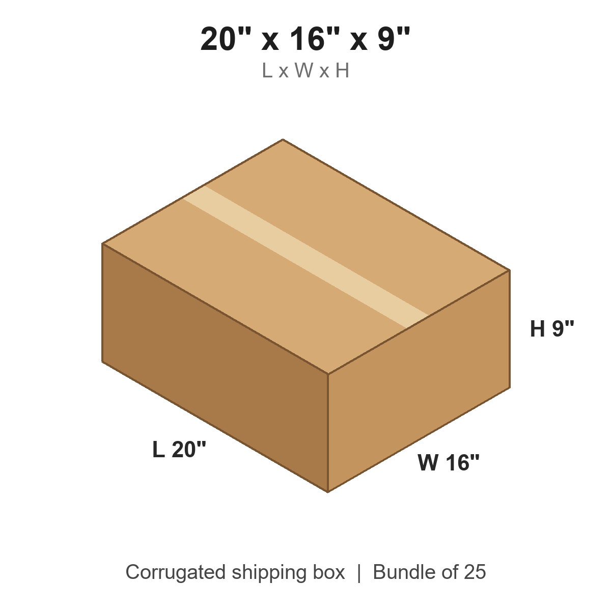 20x16x9 Corrugated Shipping Boxes (20 x 16 x 9 in), Bundle of 25