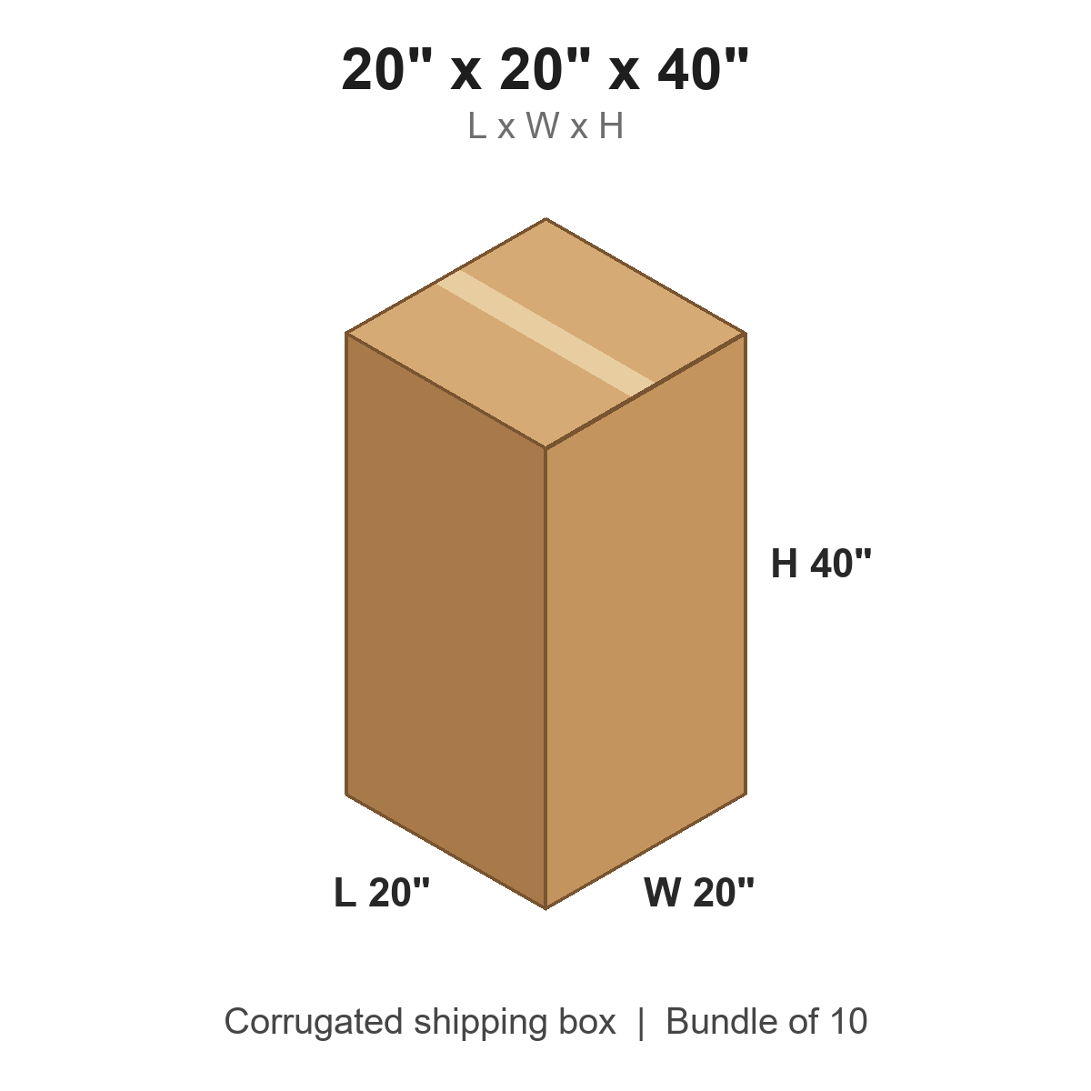 20x20x40 Tall Corrugated Shipping Boxes (20 x 20 x 40 in), Bundle of 10