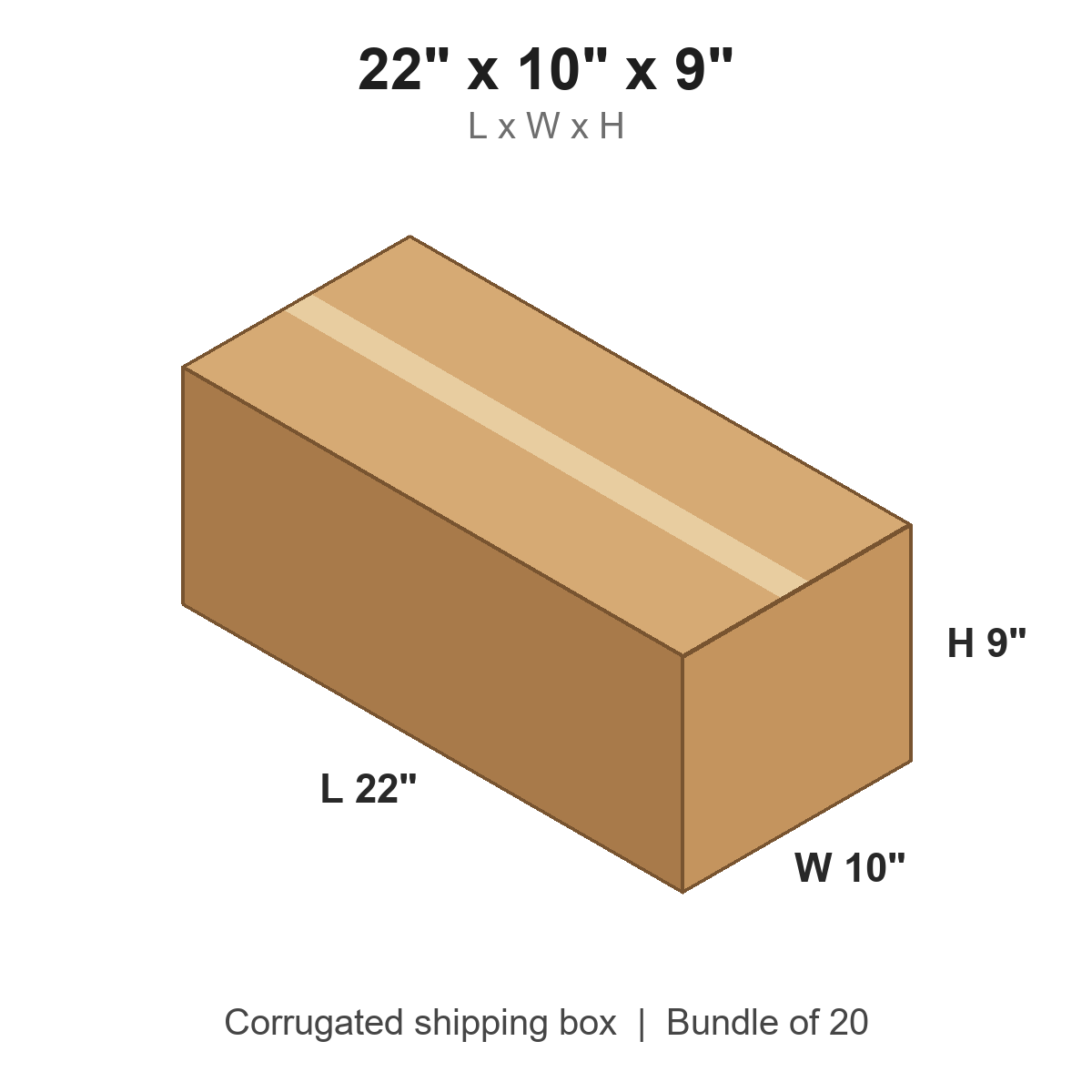 22x10x9 Corrugated Shipping Boxes (22 x 10 x 9 in), Bundle of 20