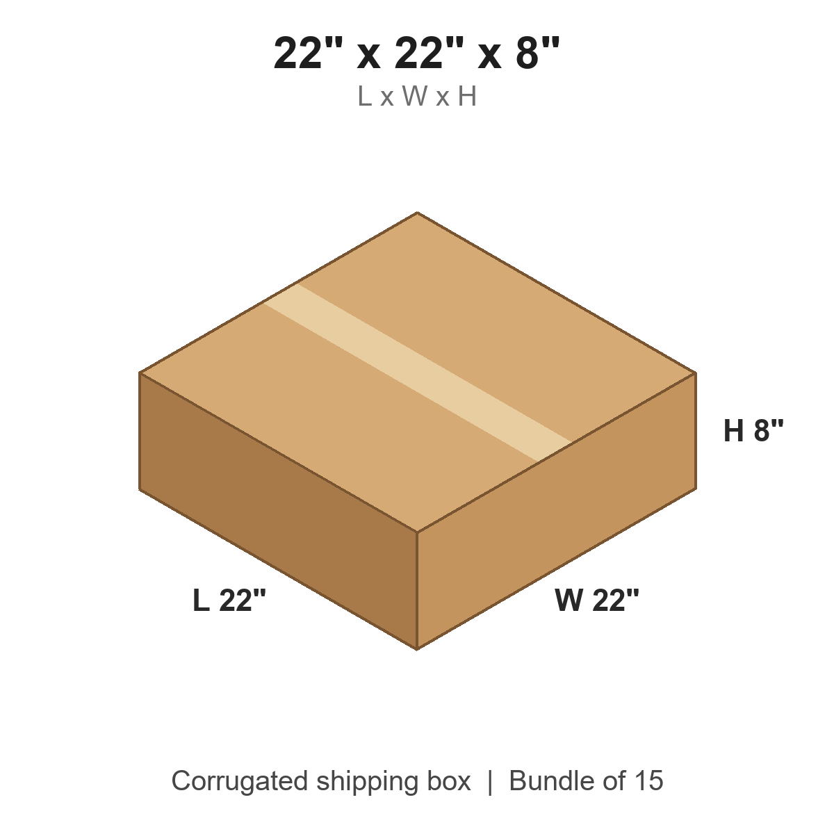 22x22x8 Flat Corrugated Shipping Boxes (22 x 22 x 8 in), Bundle of 15