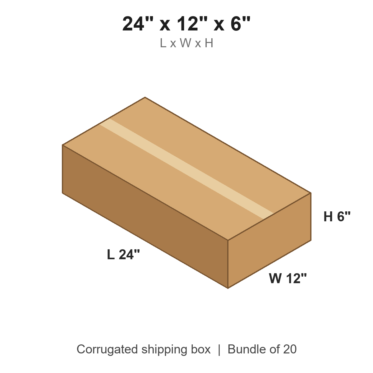 24x12x6 Flat Corrugated Shipping Boxes (24 x 12 x 6 in), Bundle of 20