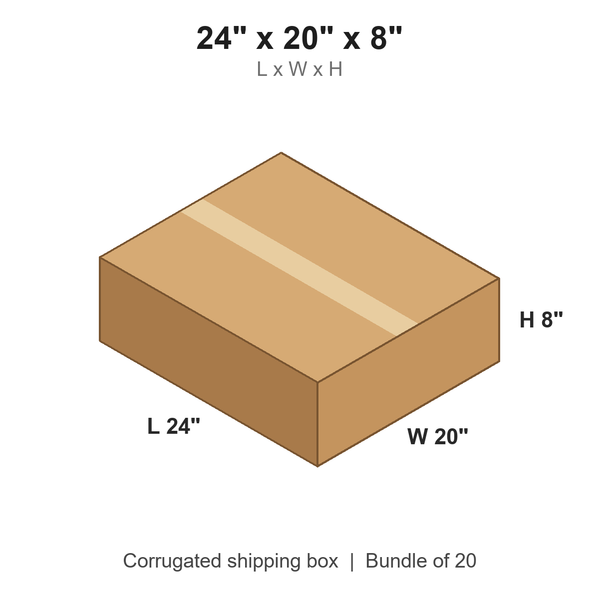 24x20x8 Flat Corrugated Shipping Boxes (24 x 20 x 8 in), Bundle of 20