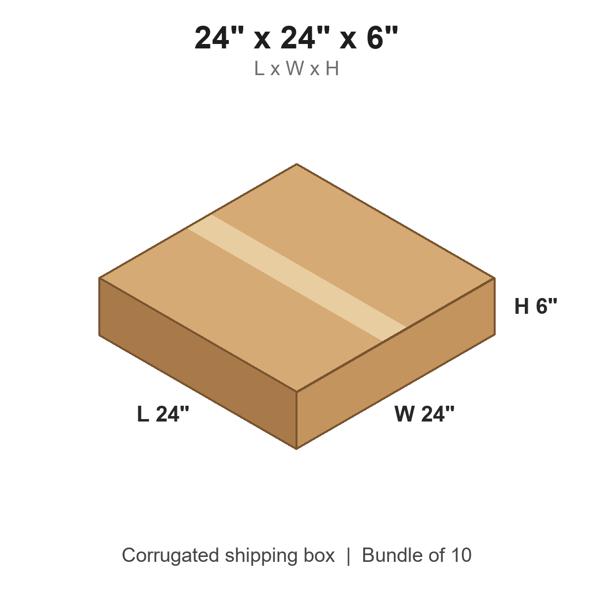 24x24x6 Flat Corrugated Shipping Boxes (24 x 24 x 6 in), Bundle of 10