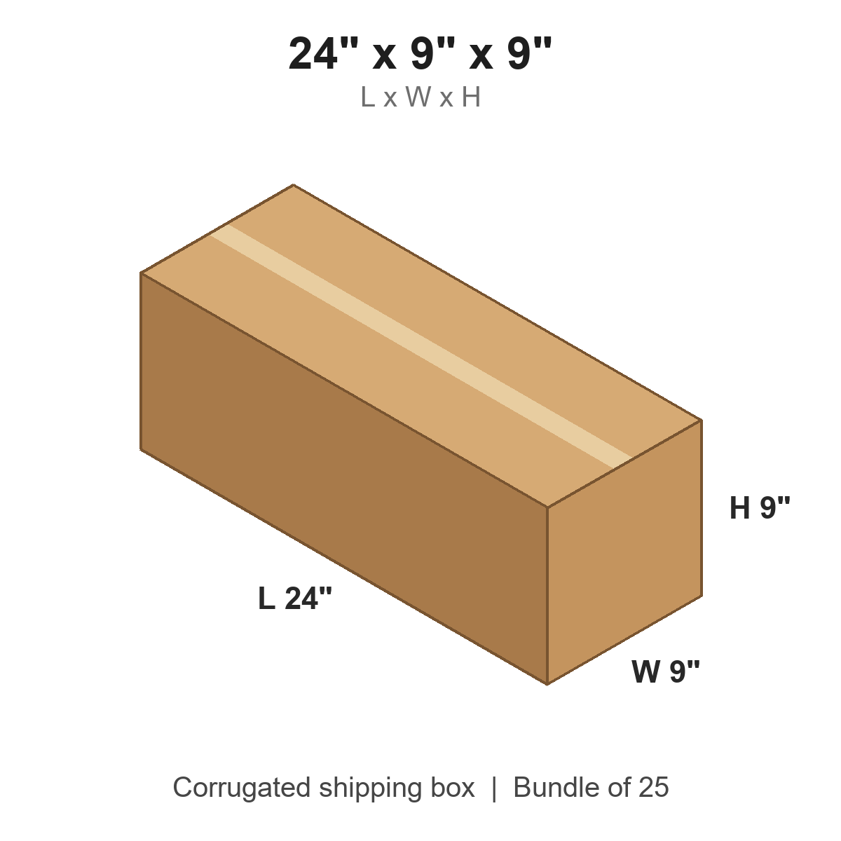 24x9x9 Long Corrugated Shipping Boxes (24 x 9 x 9 in), Bundle of 25