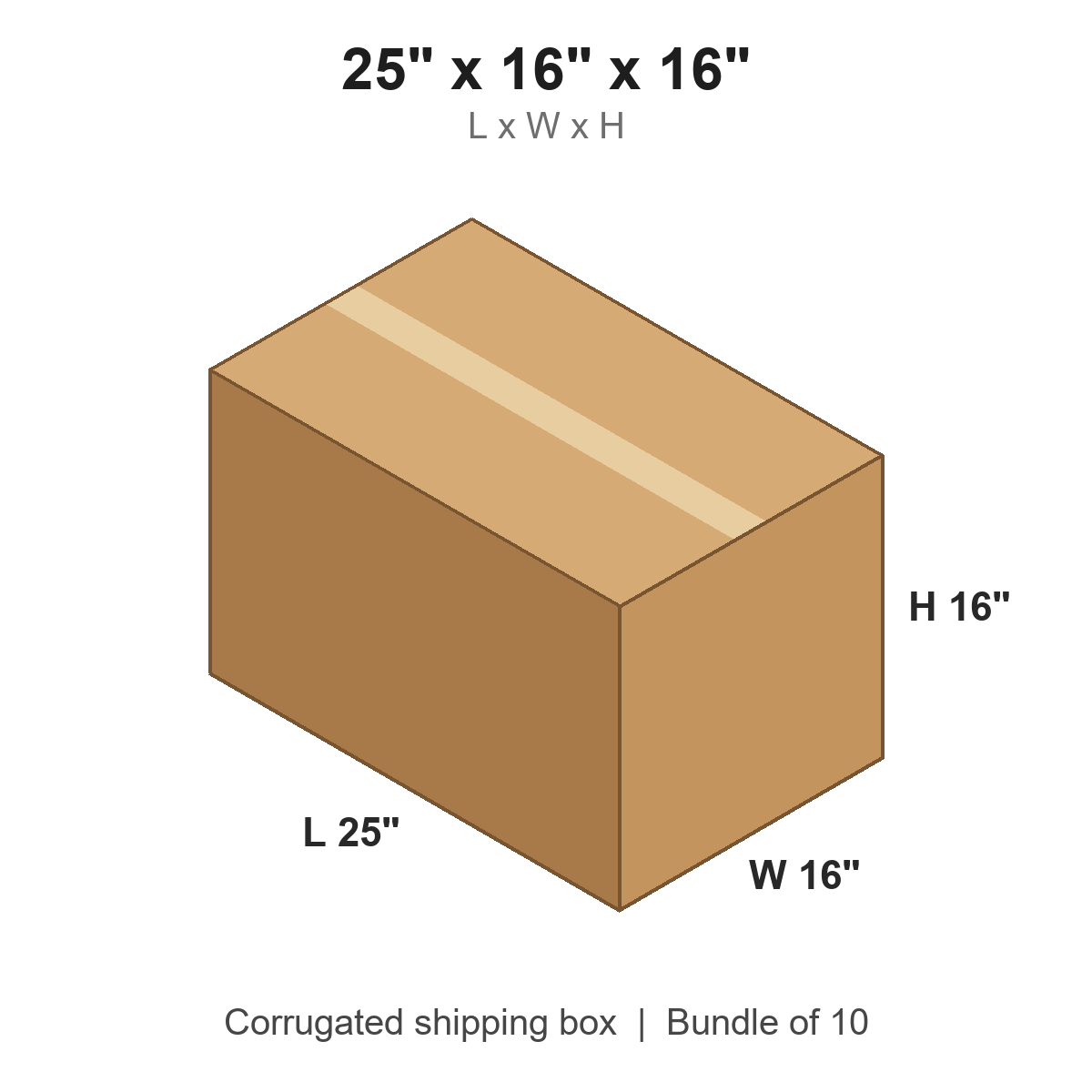 25x16x16 Corrugated Shipping Boxes (25 x 16 x 16 in), Bundle of 10
