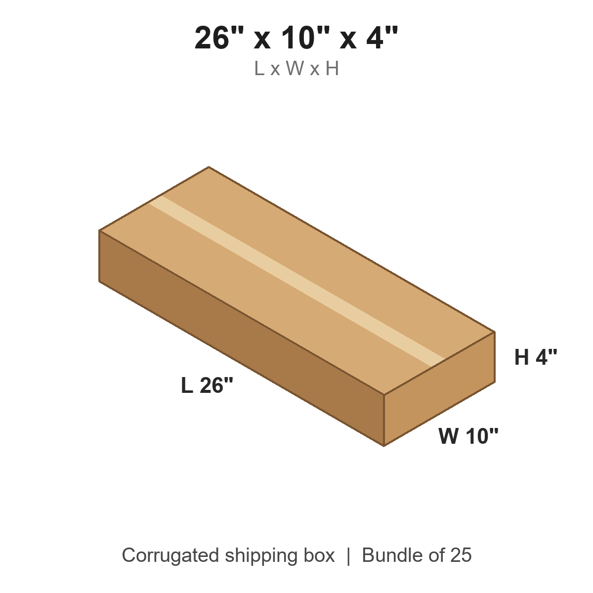 26x10x4 Flat Corrugated Shipping Boxes (26 x 10 x 4 in), Bundle of 25