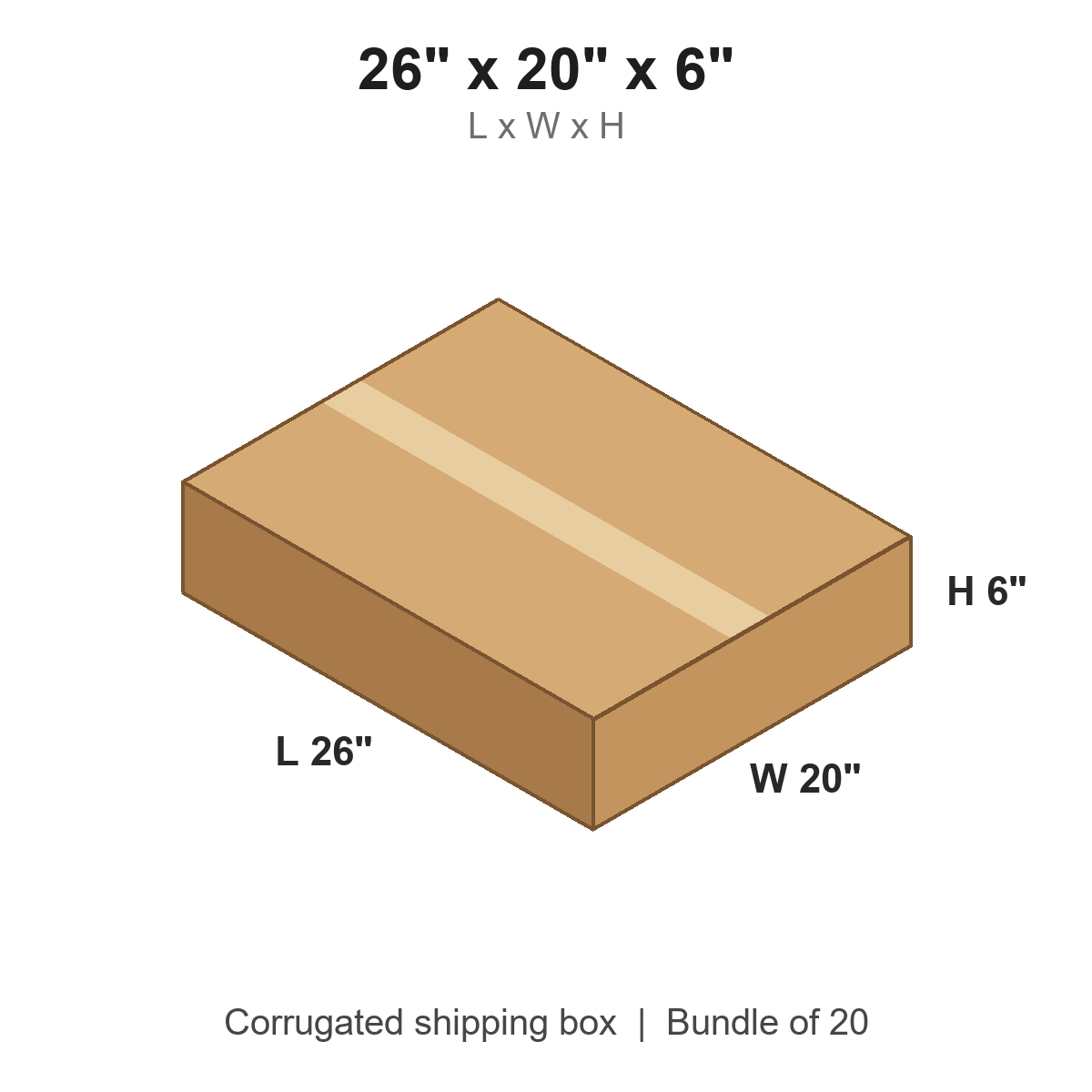 26x20x6 Flat Corrugated Shipping Boxes (26 x 20 x 6 in), Bundle of 20