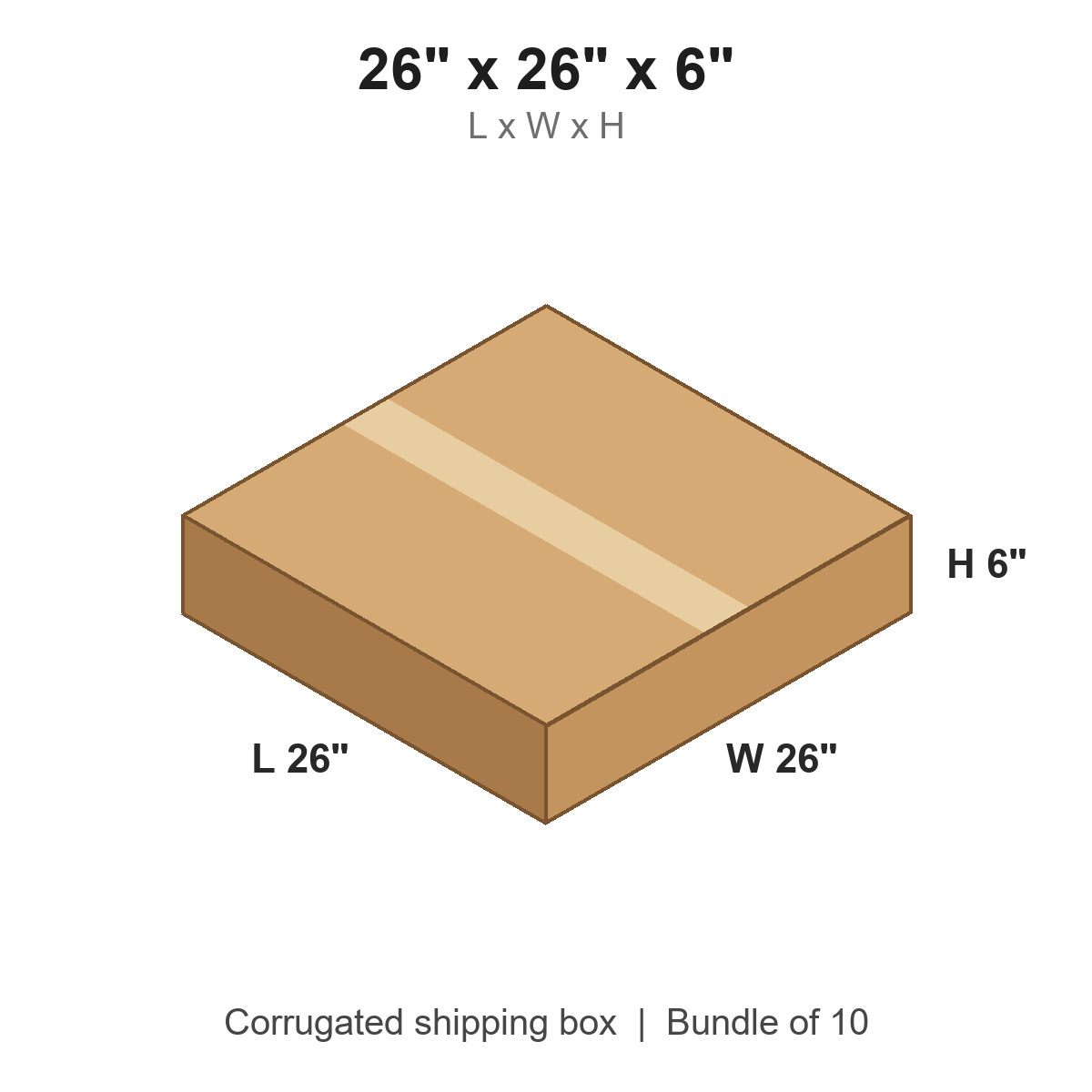 26x26x6 Flat Corrugated Shipping Boxes (26 x 26 x 6 in), Bundle of 10
