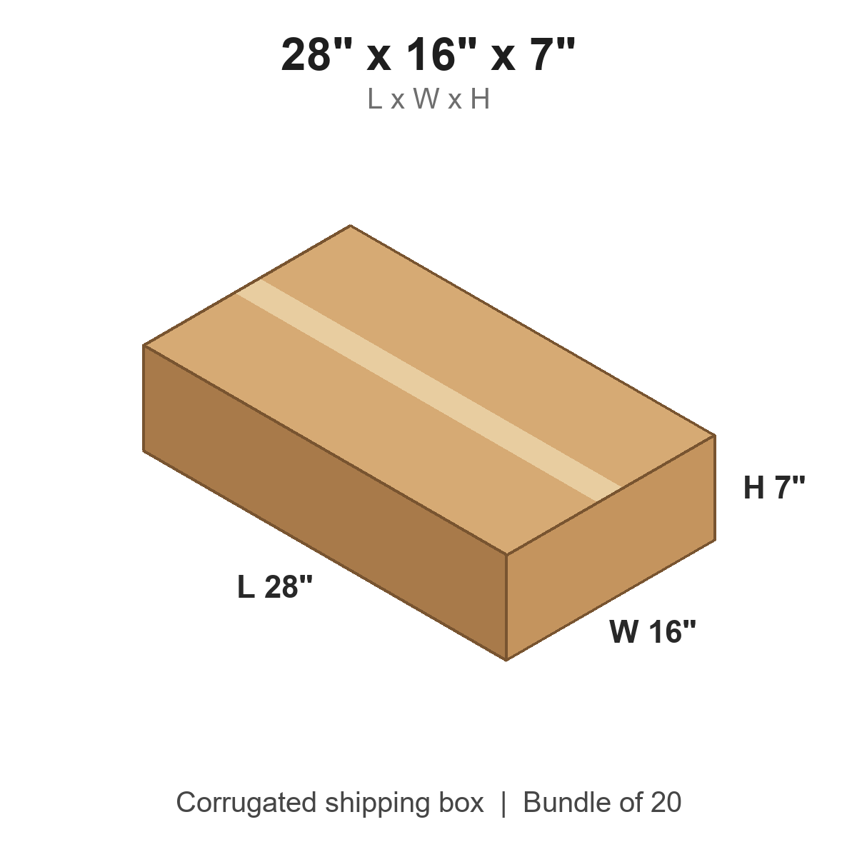 28x16x7 Flat Corrugated Shipping Boxes (28 x 16 x 7 in), Bundle of 20
