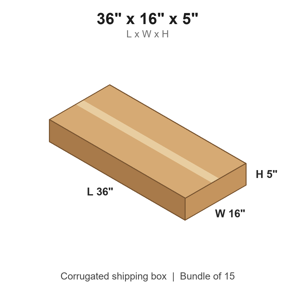 36x16x5 Flat Corrugated Shipping Boxes (36 x 16 x 5 in), Bundle of 15