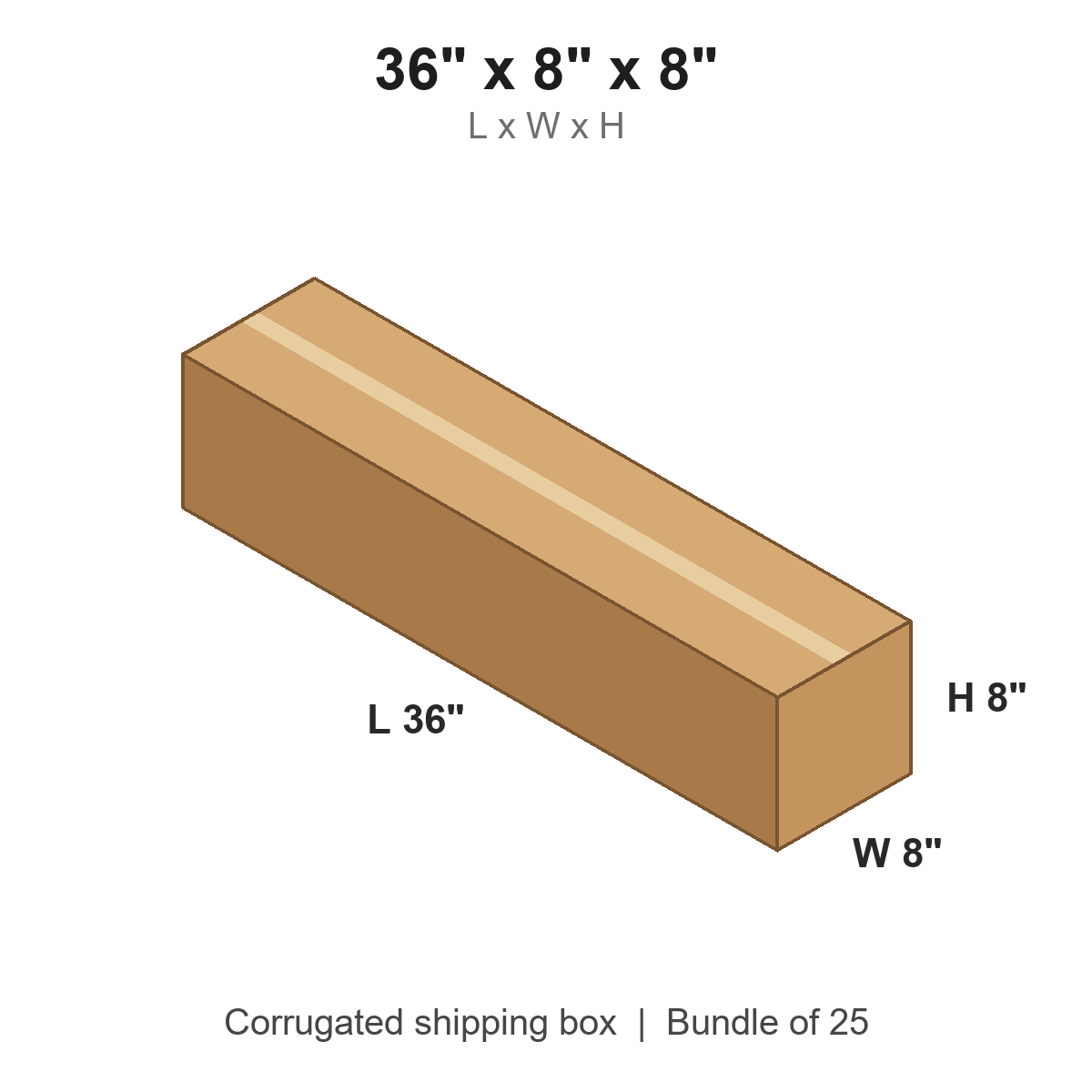 36x8x8 Long Corrugated Shipping Boxes (36 x 8 x 8 in), Bundle of 25