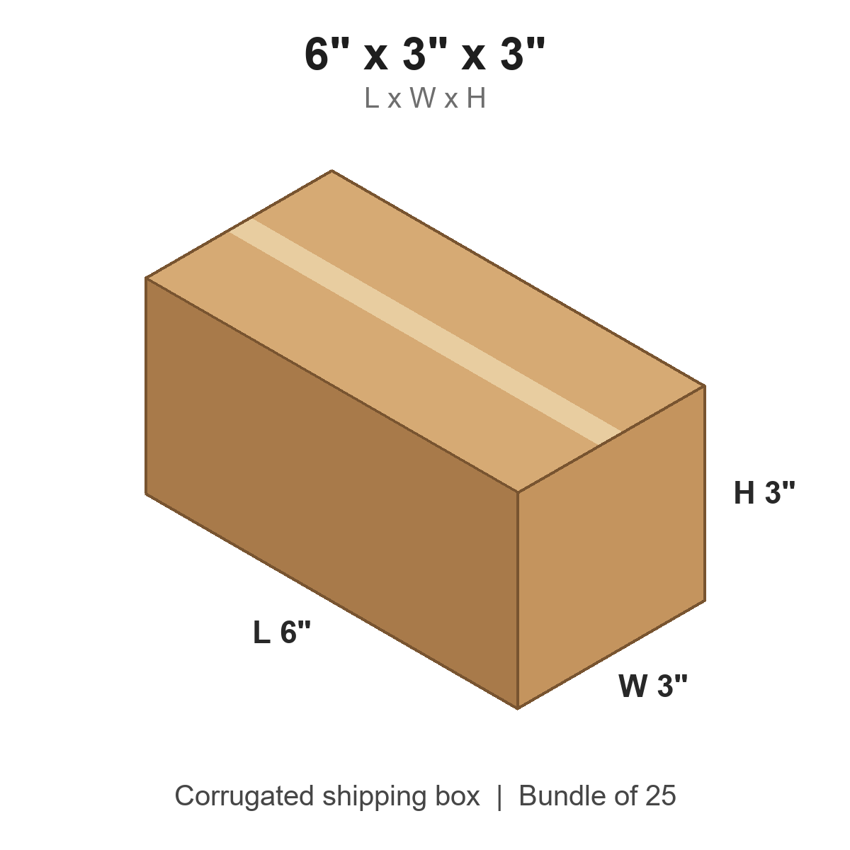6x3x3 Long Corrugated Shipping Boxes (6 x 3 x 3 in), Bundle of 25