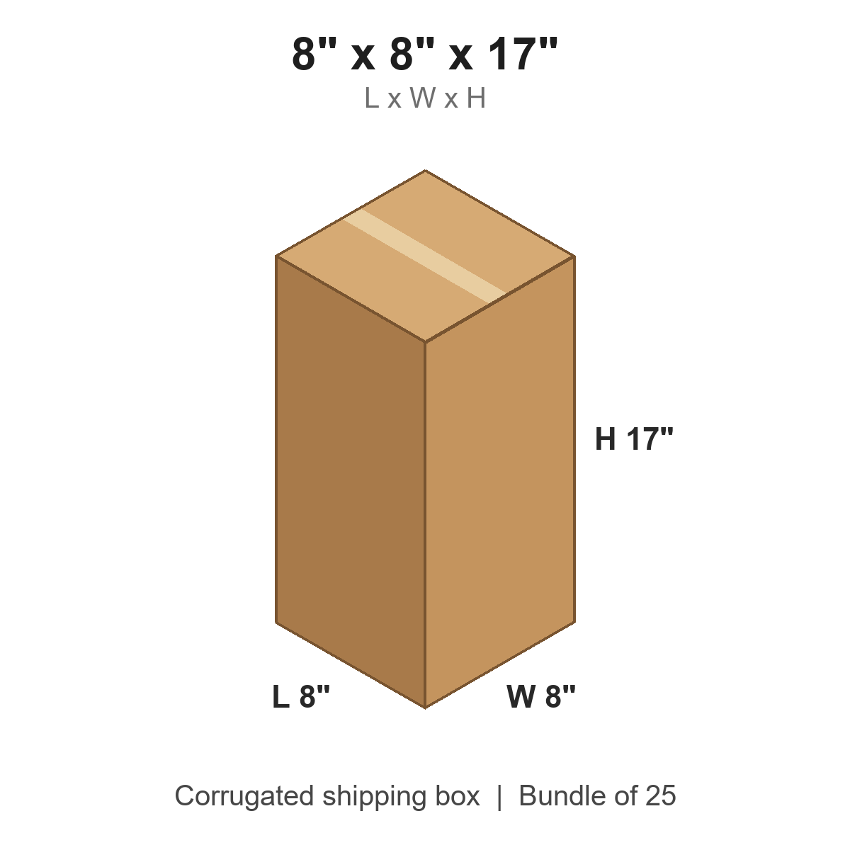 8x8x17 Tall Corrugated Shipping Boxes (8 x 8 x 17 in), Bundle of 25