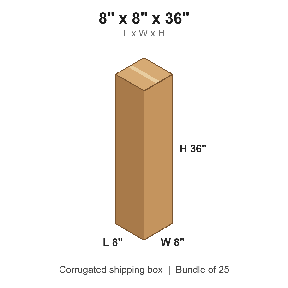 8x8x36 Tall Corrugated Shipping Boxes (8 x 8 x 36 in), Bundle of 25