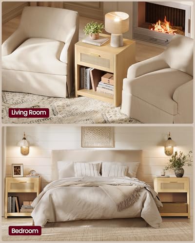 Set of 2 Boho Nightstands with Rattan (Oak Beige / 15"D x 18.9"W x 23.6"H-BOHO)