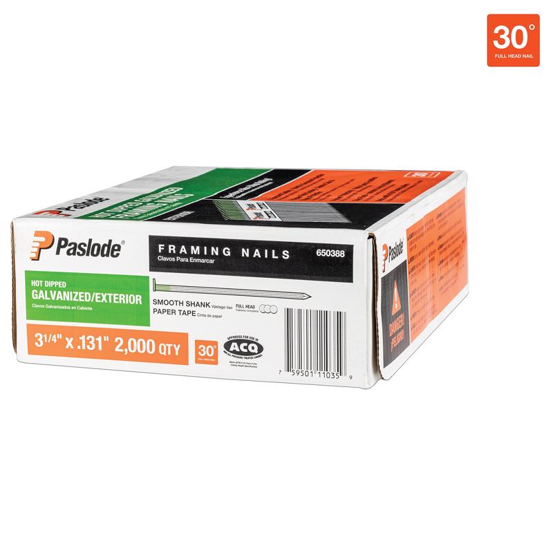 Paslode RounDrive 3-1/4 in. L Angled Strip Hot-Dip Galvanized Framing Nails 30 deg 650388 2000 pk
