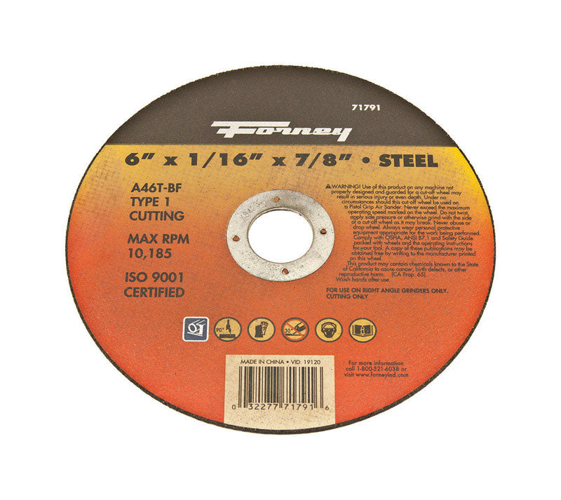 Forney 6 in. D X 7/8 in. X 1/16 in. thick Aluminum Oxide Metal Cut-Off Wheel 71791 1 pc