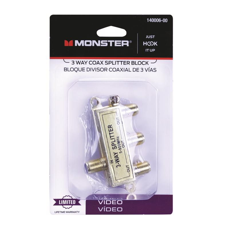 Monster Just Hook It Up 3 Way Coax Splitter 75 ohm 900 MHz 140006-00 1 pk, Pack of 4