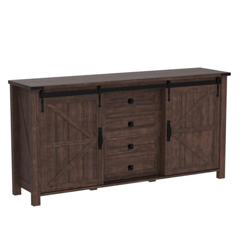 60 Inch Farmhouse Dresser with 4 Drawers and Sliding Barn Doors