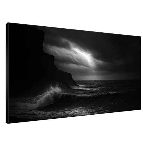 46"x72" Extra Large Framed Wall Art Dramatic Black and White Ocean Waves with Cliff and Stormy Sky for Home Living Room Bedroom Decor