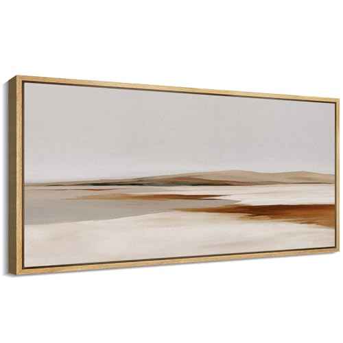 Extra Large Framed Canvas Print Wall Art Neutral Earth Tone Desert Landscape Minimalist Terracotta and Grey Long Retro Fine Art Illustrations Decorative Colorful for Bedroom