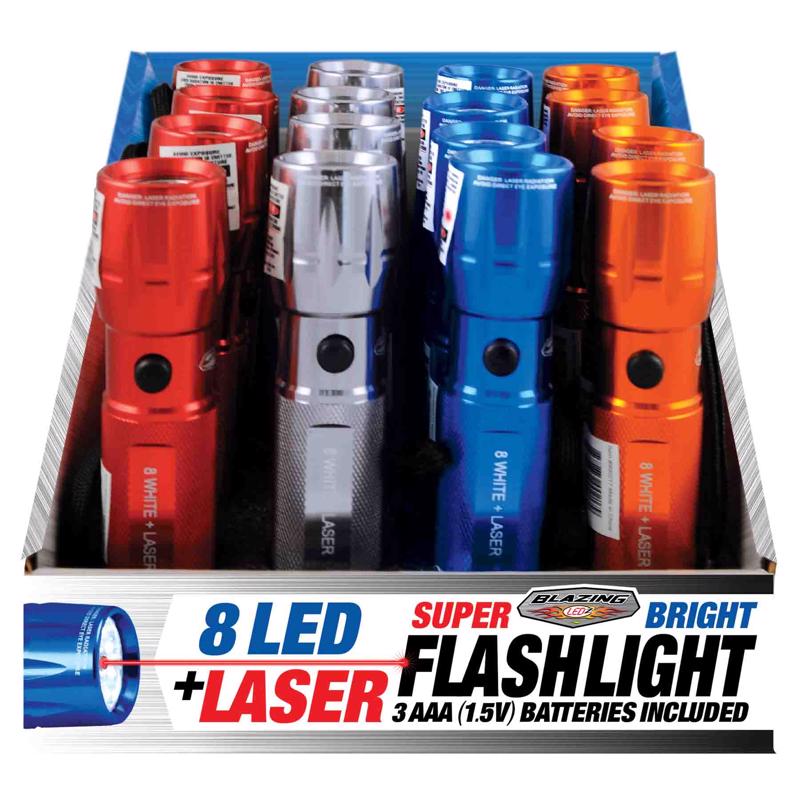 Blazing LEDz 8 LED 48 lm Assorted LED Flashlight w/Laser Pointer AAA Battery 900217, Pack of 16