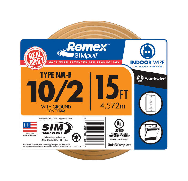 Southwire SimPull 15 ft. 10/2 Solid Romex Type NM-B WG Non-Metallic Wire 28829026