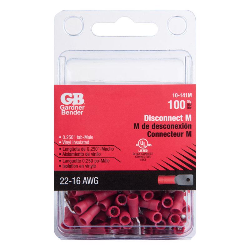 Gardner Bender 22-16 Ga. Insulated Wire Male Disconnect Red 10-141M 100 pk