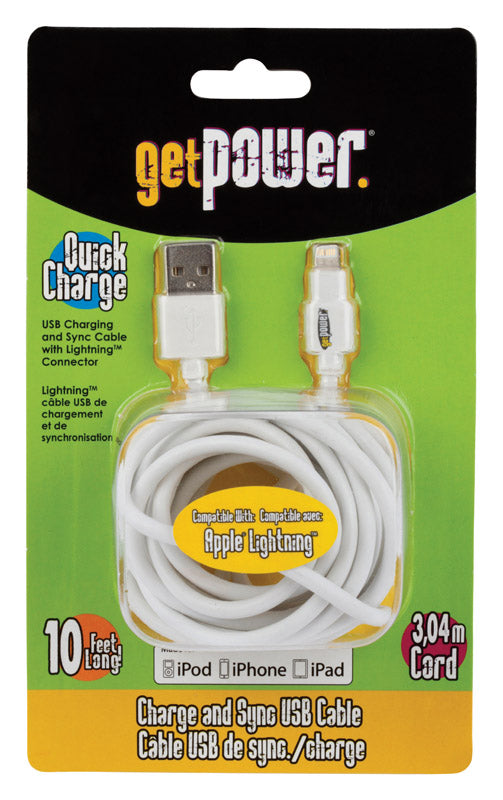 GetPower Lightning to USB Charge and Sync Cable 10 ft. White GP-XL-USB-L, Pack of 6