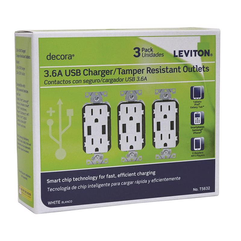 Leviton Decora 15 amps 125 V Duplex White Outlet and USB Charger 5-15R T5632-3BW 3 pk
