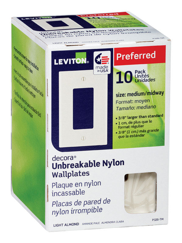 Leviton Decora Almond 1 gang Thermoplastic Nylon Decorator Wall Plate PJ26-TM 10 pk