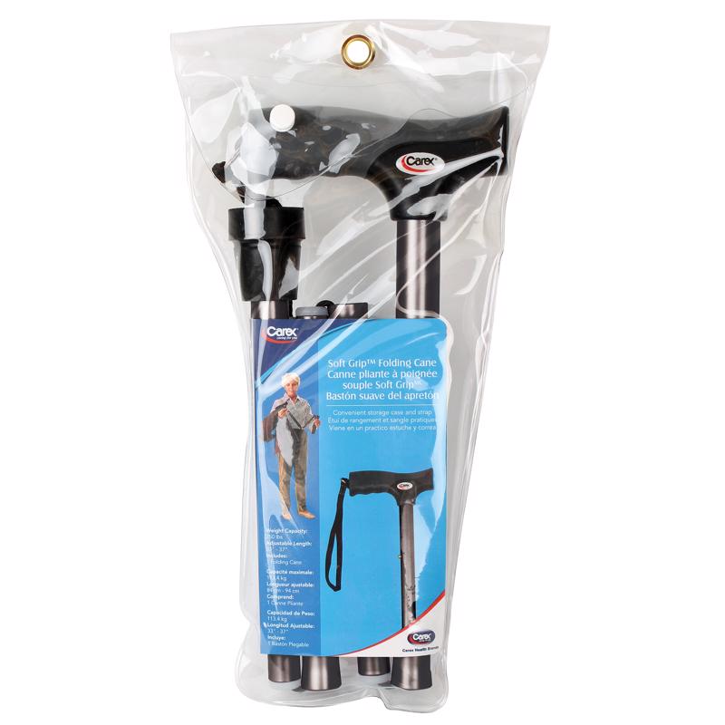 Carex Health Brands Black Soft-Grip Folding Cane w/Strap Aluminum/Plastic 37 in. H X 5.06 in. L FGA53700 0000