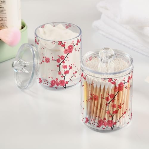 2 Pack Qtip Holder Organizer Dispenser Branches Pink Cherry Blossom Bathroom Storage Canister Cotton Ball Holder Container for Cotton Pads (2 Count)