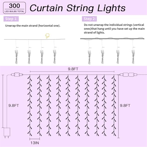 300 LED Multicolor Rainbow Curtain String Lights 9.8x9.8FT
