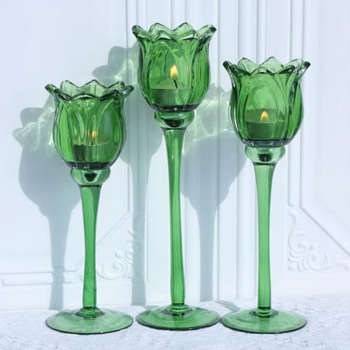 Green Glass Tulips Candle Holders Set of 3 (3 Count)
