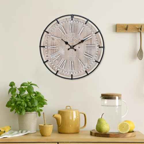 12 Inch Farmhouse Wall Clock Rustic Antique Wood with Metal Circle and Large Engraved Numerals