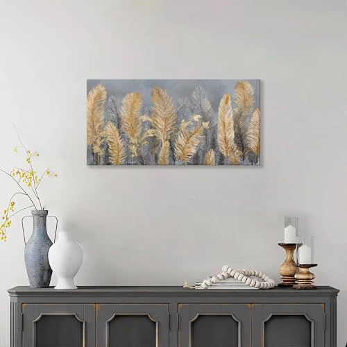 Canvas Wall Art Decor Gold Boho Canvas Art Wall Decor For Living Room Grey Boho Aesthetic Feather Wall Decor Artwork Modern Wall Art Decor Artwork For Home Bedroom Office Wall Decor 20×40 Inch