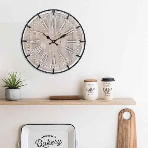 12 Inch Farmhouse Wall Clock Rustic Antique Wood with Metal Circle and Large Engraved Numerals