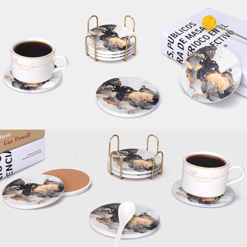 6 Pcs Black Marble Abstract Ceramic Coasters with Holder for Coffee Table (6 Count)