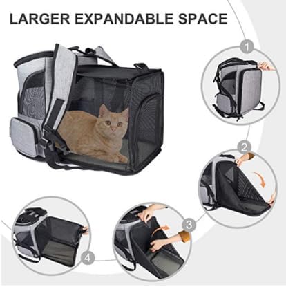 Expandable Cat Carrier Backpack, Large Soft Airline Approved Collapsible Pet Bag for Small Dogs Puppies Medium Cats, Breathable Portable Travel Bags for Camping