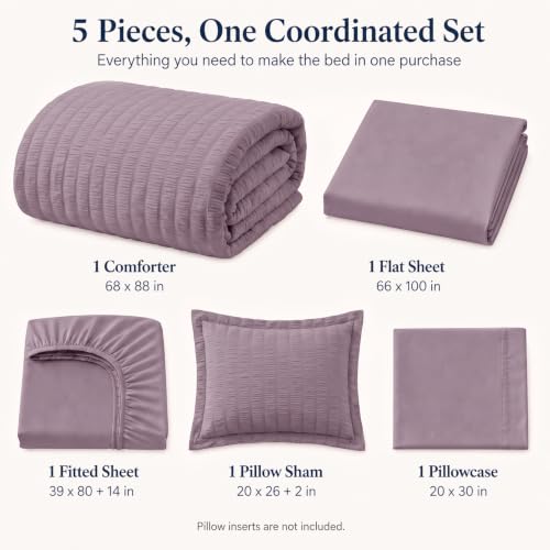 Twin XL Comforter Set 5 Pieces Dusty Purple Seersucker Bed in a Bag