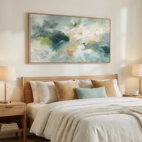 Large Framed Horizontal Sage Green Abstract Wall Art