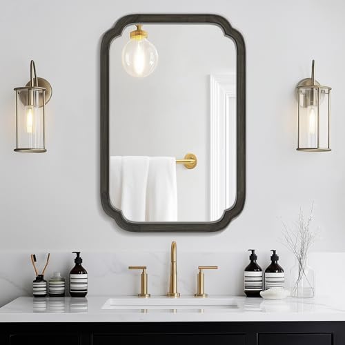 20" x 30" Rounded Corner Arch Wall Mirror with Wood Frame for Entryway