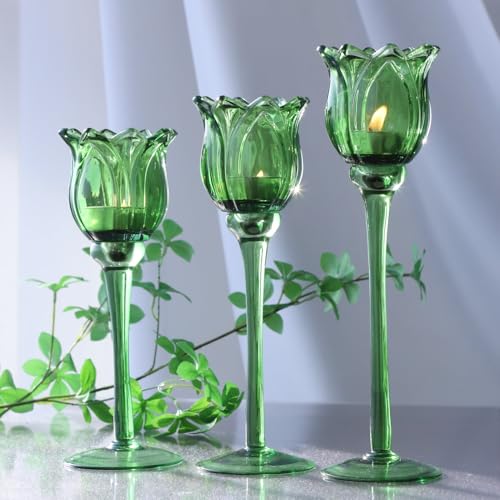 Green Glass Tulips Candle Holders Set of 3 (3 Count)