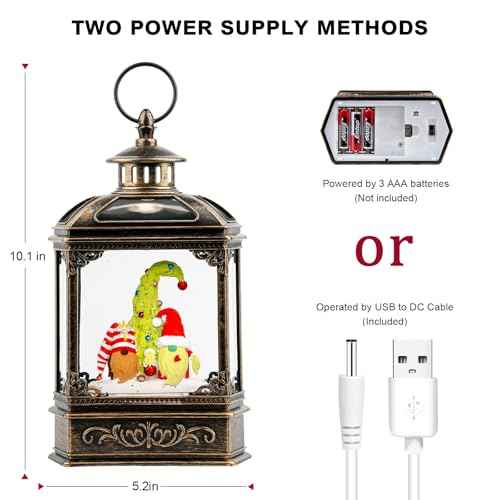 Musical Snow Globe Lantern Lighted Whimsical Christmas Tree & Gnomes Scandinavian Santa Elf Water Lantern with Swirling Glittering Home Decoration and Gift